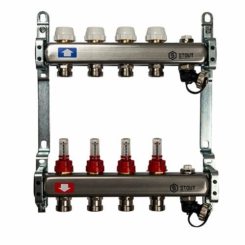 Коллектор из н/ж стали с расходомерами, с клапаном вып. воздуха и сливом на 5 выходов Stout от компании MetSnab - фото 1