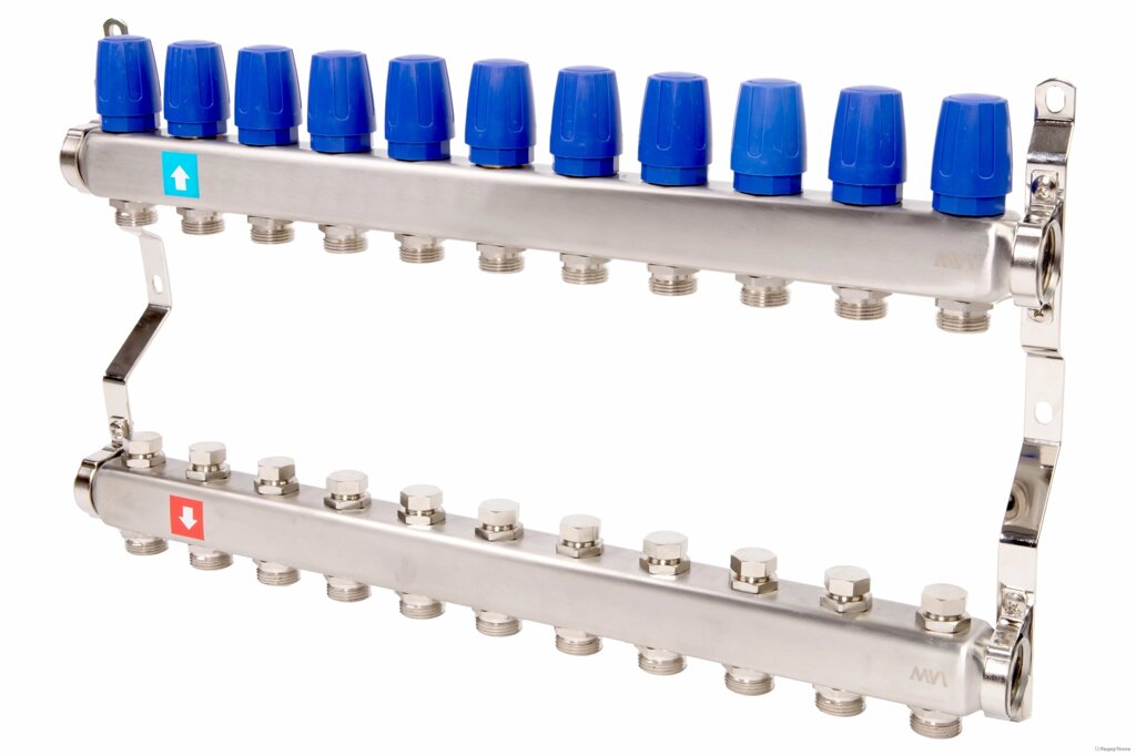 Коллектор из нержавеющей стали для теплого пола в сборе MVI на 11 вых. (арт. MS. 411.06) от компании MetSnab - фото 1