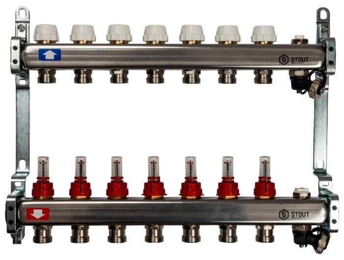 Коллектор из нержавеющей стали STOUT SMS-0927-000007 с расходомерами, с клапаном вып. воздуха и сливом 7 вых. от компании MetSnab - фото 1