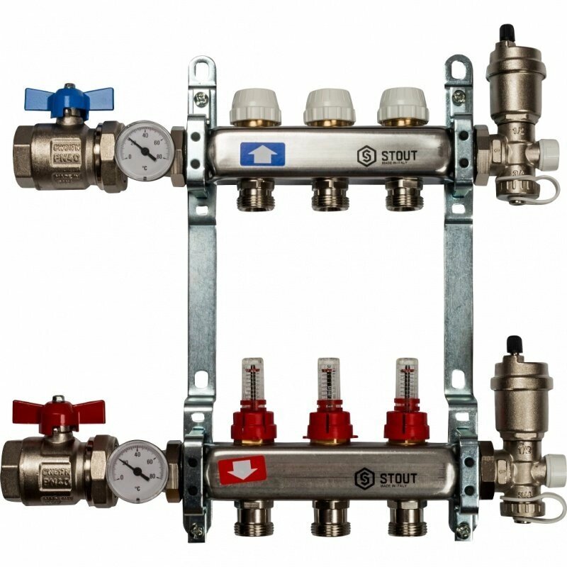 Коллектор нерж в сборе 3 выхода с расходомерами STOUT от компании MetSnab - фото 1