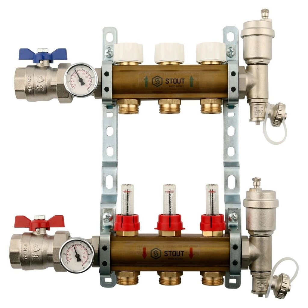 Коллектор распределительный STOUT из латуни с расходомерами 3 выхода SMB 0473 000003 от компании MetSnab - фото 1