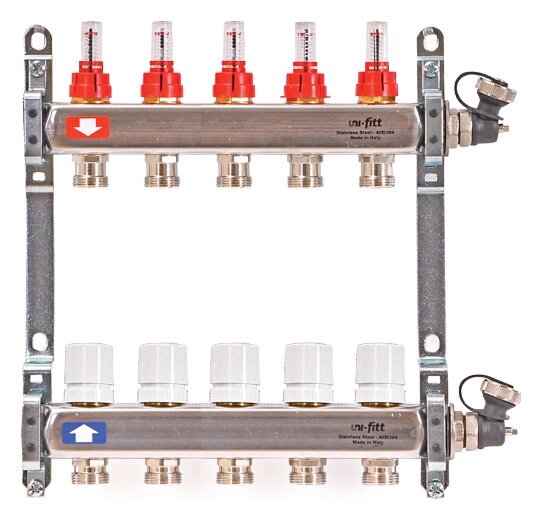 Коллектор распределительный Uni-Fitt 1 5 выходов, с расходомерами и термостатическими вентилями 450I4305quot; от компании MetSnab - фото 1