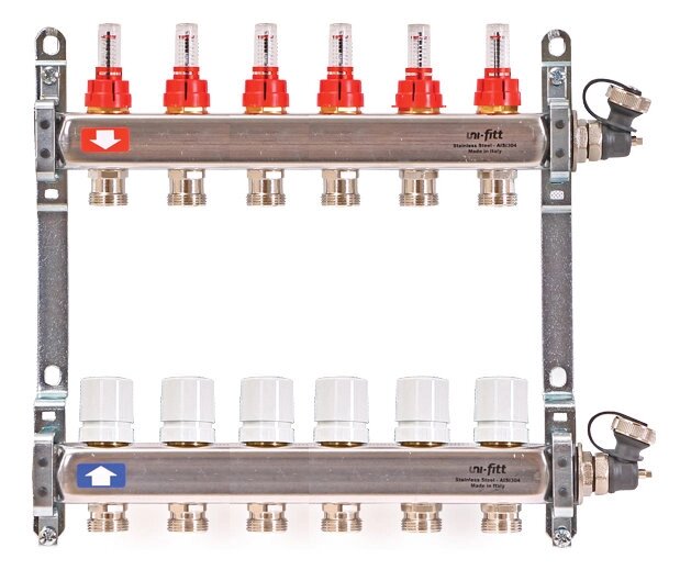 Коллектор распределительный Uni-Fitt 1 6 выходов, с расходомерами и термостатическими вентилями 450I4306quot; от компании MetSnab - фото 1