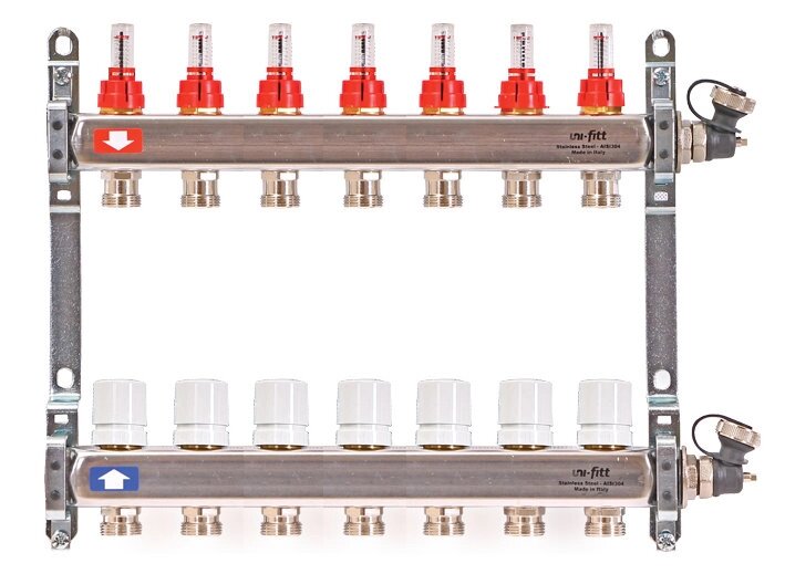 Коллектор распределительный Uni-Fitt 1 7 выходов, с расходомерами и термостатическими вентилями 450I4307quot; от компании MetSnab - фото 1