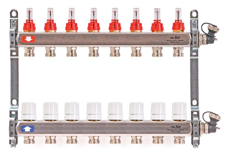 Коллектор распределительный Uni-Fitt 1 8 выходов, с расходомерами и термостатическими вентилями 450I4308quot; от компании MetSnab - фото 1