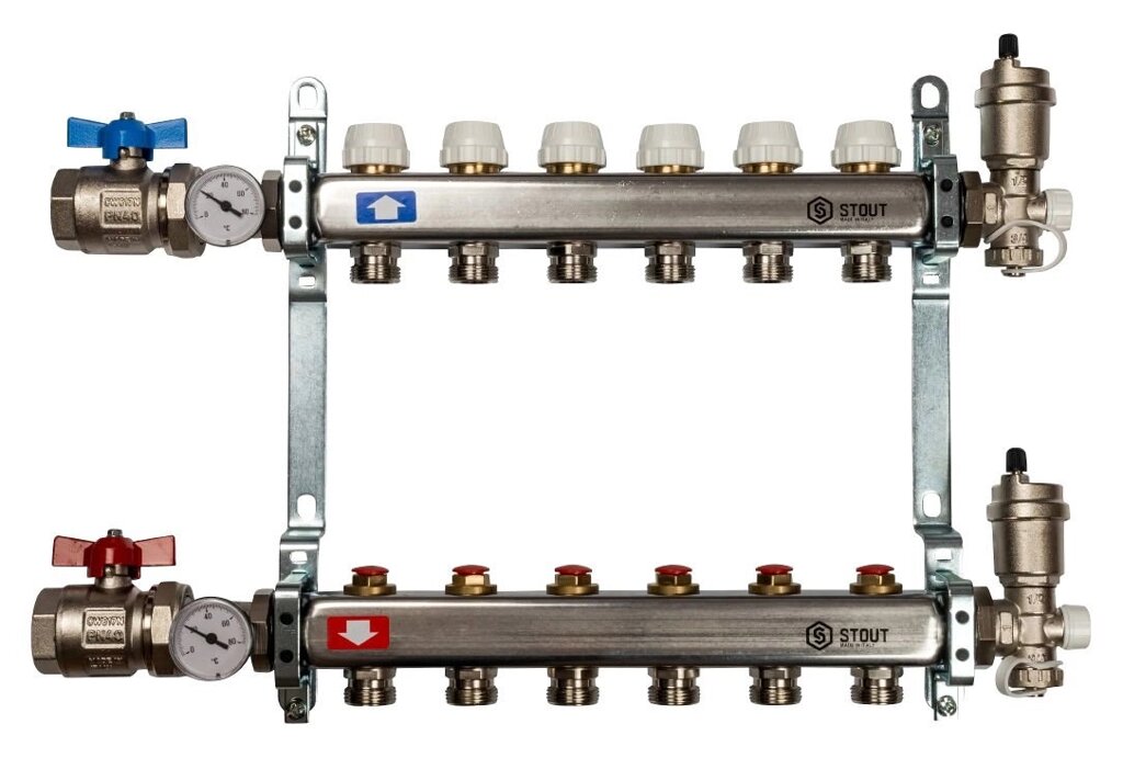 Коллектор STOUT из нержавеющей стали без расходомеров в сборе 6 выходов SMS 0912 000006 от компании MetSnab - фото 1