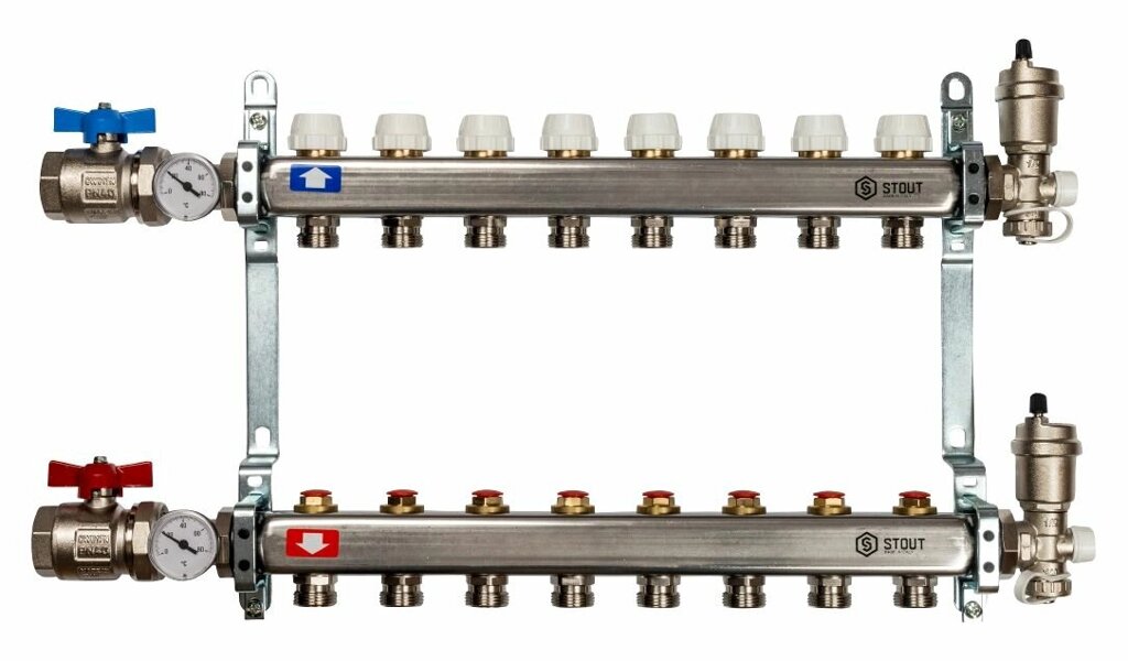 Коллектор STOUT из нержавеющей стали без расходомеров в сборе 8 выходов SMS 0912 000008 от компании MetSnab - фото 1
