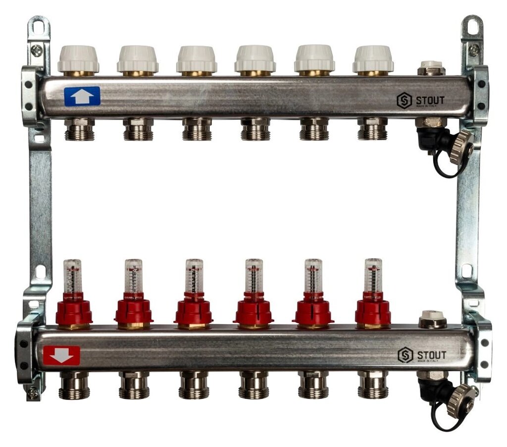 Коллектор STOUT из нержавеющей стали с расходомерами, клапаном вып. воздуха и сливом, 6 выходов SMS-0927-000006 от компании MetSnab - фото 1