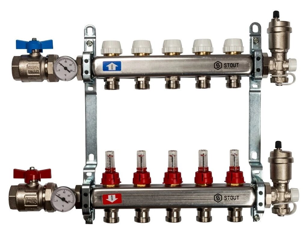 Коллектор STOUT из нержавеющей стали с расходомерами в сборе 5 выходов SMS 0907 000005 от компании MetSnab - фото 1