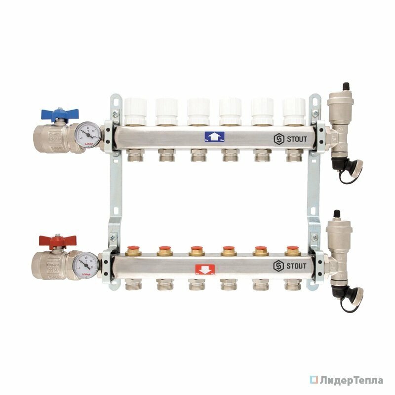 Коллектор Stout из нержавеющей стали в сборе без расходомеров 6 выходов (арт. SMS 0912 000006) от компании MetSnab - фото 1