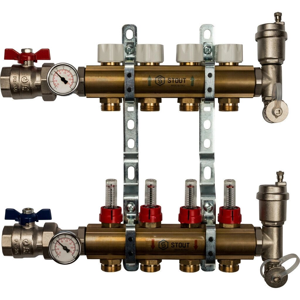 Коллектор Stout распределительный из латуни с расходомерами 1/3/4x4, SMB 0473 000004 от компании MetSnab - фото 1