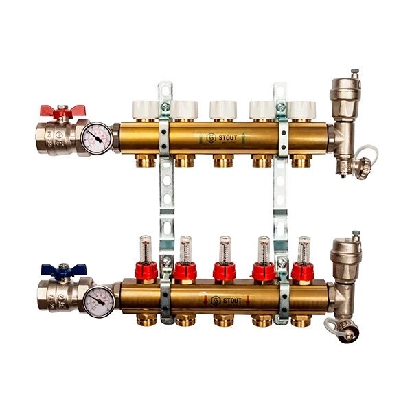 Коллектор Stout SMB 0473 000005 из латуни, в сборе с расходомерами 1quot;x3/4quot; на 5 выходов от компании MetSnab - фото 1