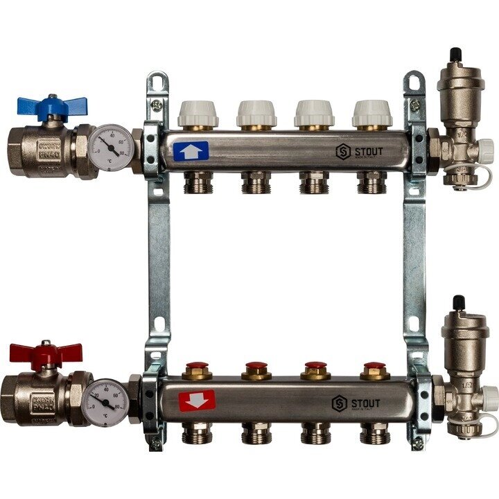 Коллектор Stout SMS 0912 из нержавеющей стали в сборе без расходомеров 4 вых. от компании MetSnab - фото 1