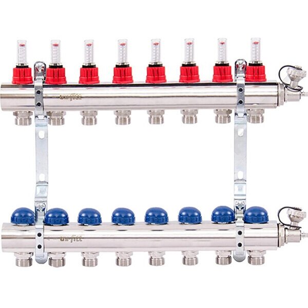 Коллектор Uni-Fitt 1quot;х3/4quot; 8 вых. из латуни с расходомерами и термостатическими вентилями от компании MetSnab - фото 1