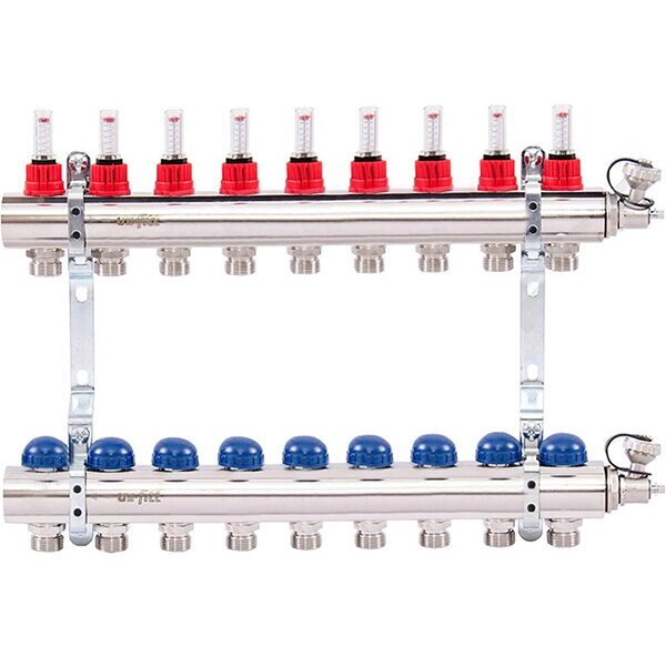 Коллектор Uni-Fitt 1quot;х3/4quot; 9 вых. из латуни с расходомерами и термостатическими вентилями от компании MetSnab - фото 1