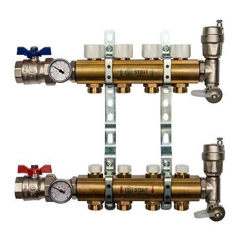 Коллекторная группа для отопления в сборе STOUT SMB0468 - 1quot; на 4 контура 3/4quot; EK (латунь) от компании MetSnab - фото 1