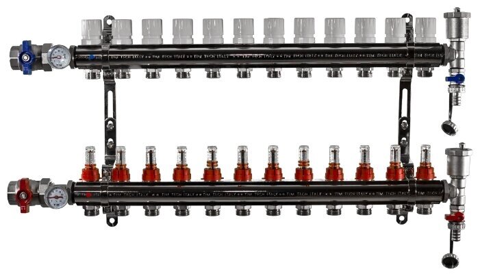 Коллекторная группа для теплого пола с расходомерами, концевыми элементами и шаровыми кранами с термометрами TIM, 12 от компании MetSnab - фото 1