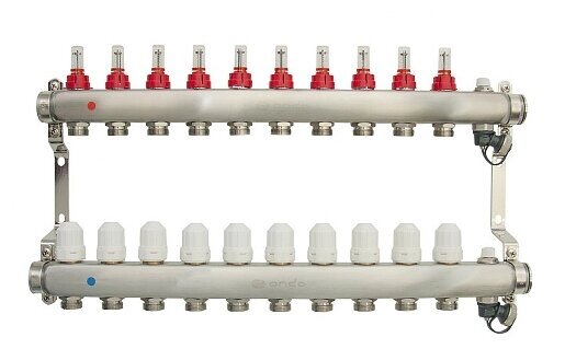 Коллекторная группа ONDO из нержавеющей стали 10 выхода в сборе с расходомерами и термостатическими клапанами от компании MetSnab - фото 1