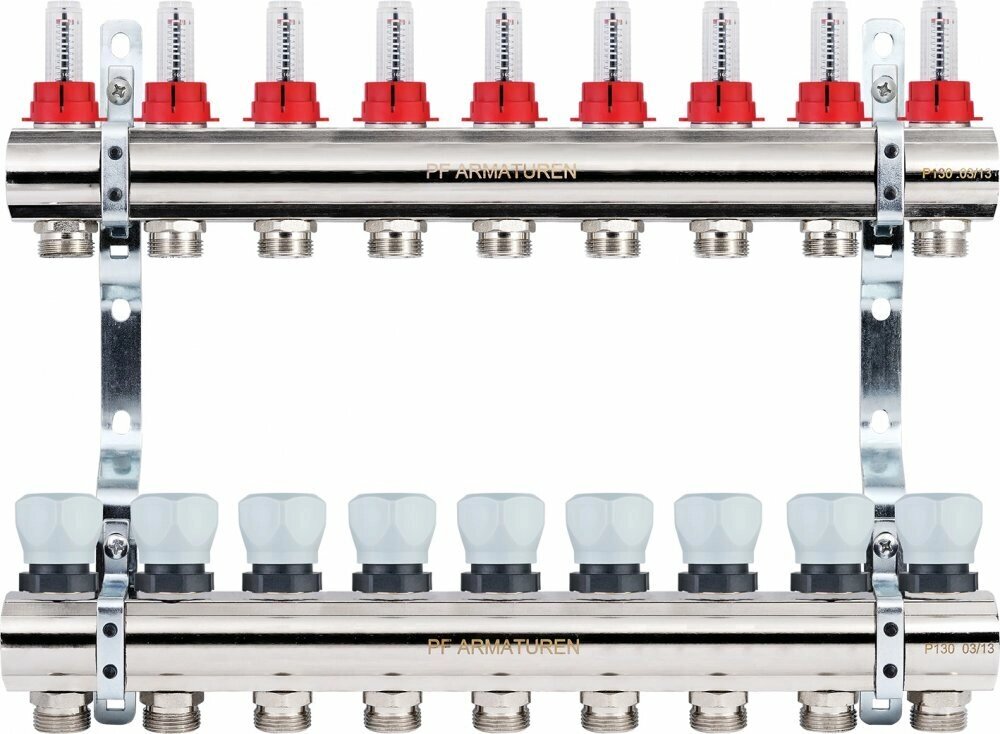 Коллекторная группа с расходомерами и термостатическими клапанами на 9 выходов PROFACTOR PF MB 800.9 от компании MetSnab - фото 1