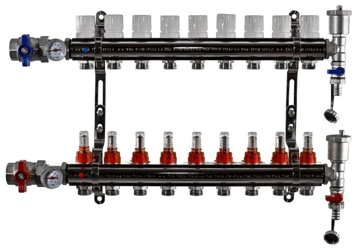 Коллекторная группа Tim (KA009) 1quot;, 9 вых., расходомер, воздухоотводчик, сливной кран, термометр от компании MetSnab - фото 1