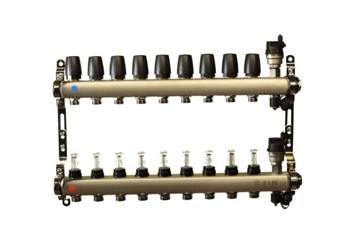Коллекторная группа Tim (KCS5009) 1quot; ВР-ВР, 9 отводов 3/4quot;, расходомер, воздухоотводчик, сливной кран от компании MetSnab - фото 1