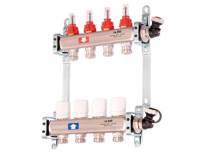 Коллекторная группа Uni fitt 1*3/4 10 вых. из нержавеющей стали с расходомерами и термостатическими вентилями от компании MetSnab - фото 1