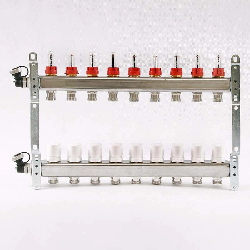Коллекторная группа UNI-FITT из нерж. стали 450I с термостатическими вентилями и расходомерами 1x3/4 с 9 отводами от компании MetSnab - фото 1
