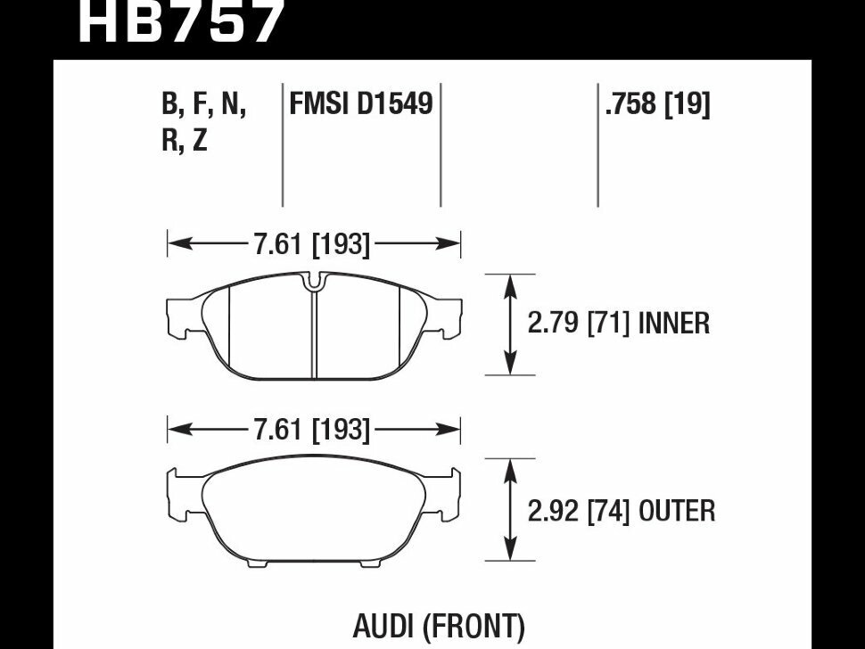 Колодки тормозные HB757B. 758 HAWK Street 5.0 перед Audi A6 4G2, C7, 4GC; A7 4GA, 4GF; Allroad 4GH; от компании MetSnab - фото 1