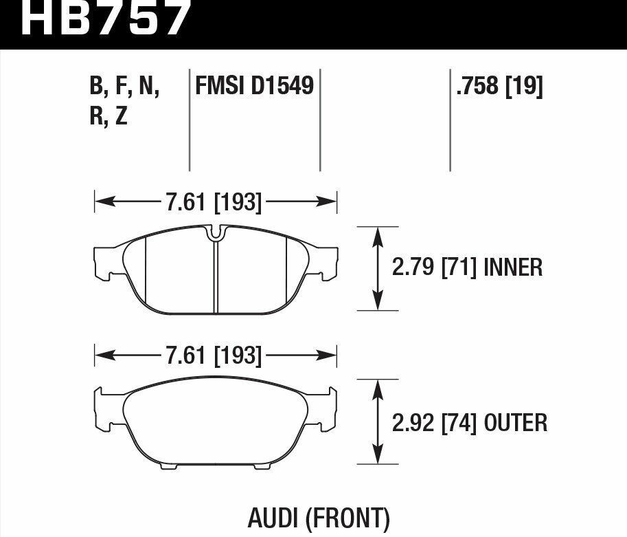 Колодки тормозные HB757F. 758 HAWK HPS перед Audi A6 4G2, C7, 4GC; A7 4GA, 4GF; Allroad 4GH; от компании MetSnab - фото 1