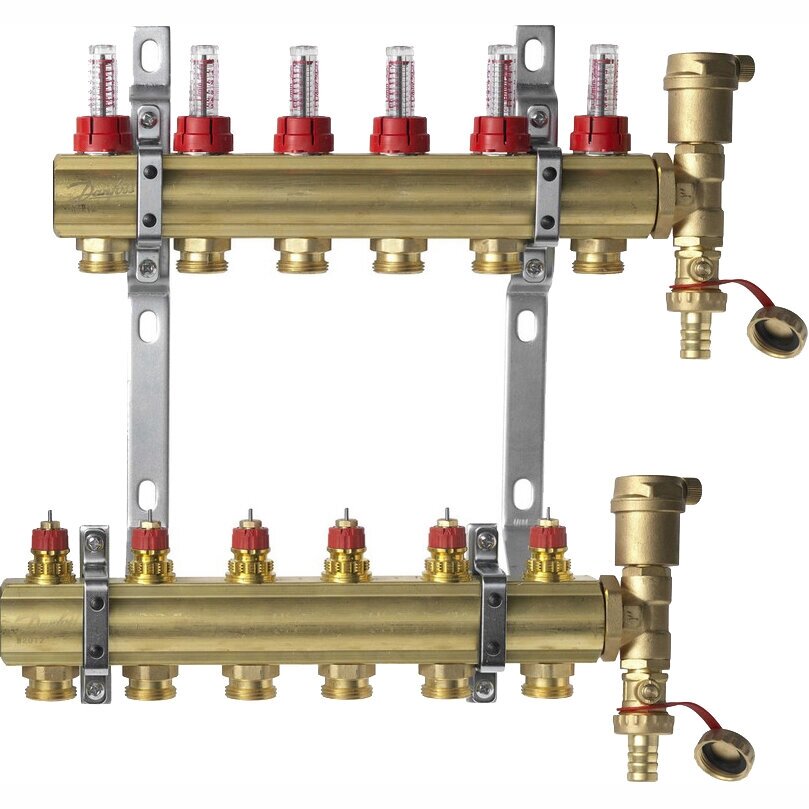 Комплект коллекторов Danfoss FHF-6F set с расходомерами кронштейнами и воздухоотводчиками 6 контуров от компании MetSnab - фото 1