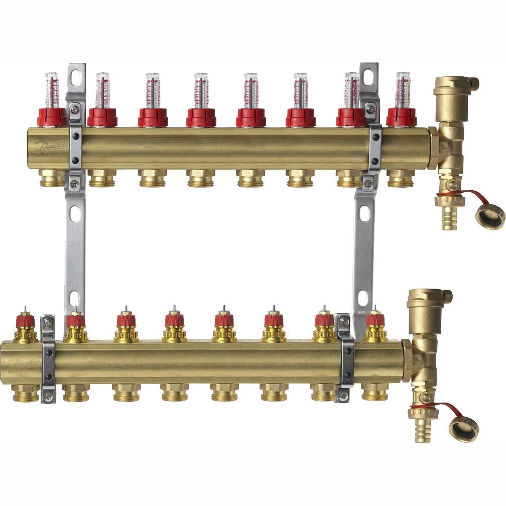 Комплект коллекторов Danfoss FHF-8F set с расходомерами кронштейнами и воздухоотводчиками 8 контуров от компании MetSnab - фото 1