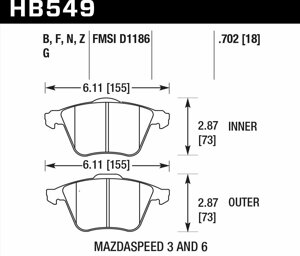 Колодки тормозные HB549N. 702 HAWK HP+ передние MAZDA 3 MPS, 6 MPS / FORD Focus 2 ST / OPEL VECTRA 2,