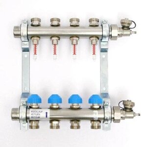 Uni-Fitt Коллекторная группа нерж с расходомерами и термостатическими вентилями 1quot; х 4 вых 455W4304