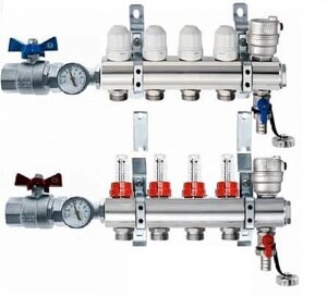 Коллекторная группа для теплого пола с расходомерами, концевыми элементами и шаровыми кранами с термометрами TIM, 7