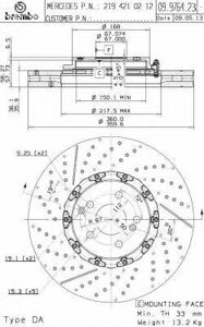 Диск тормозной перед. перфор. с насечками для mercedes-benz w204/s204/w211/w212/s211/s212 amg 6.3 08 Brembo 09976423