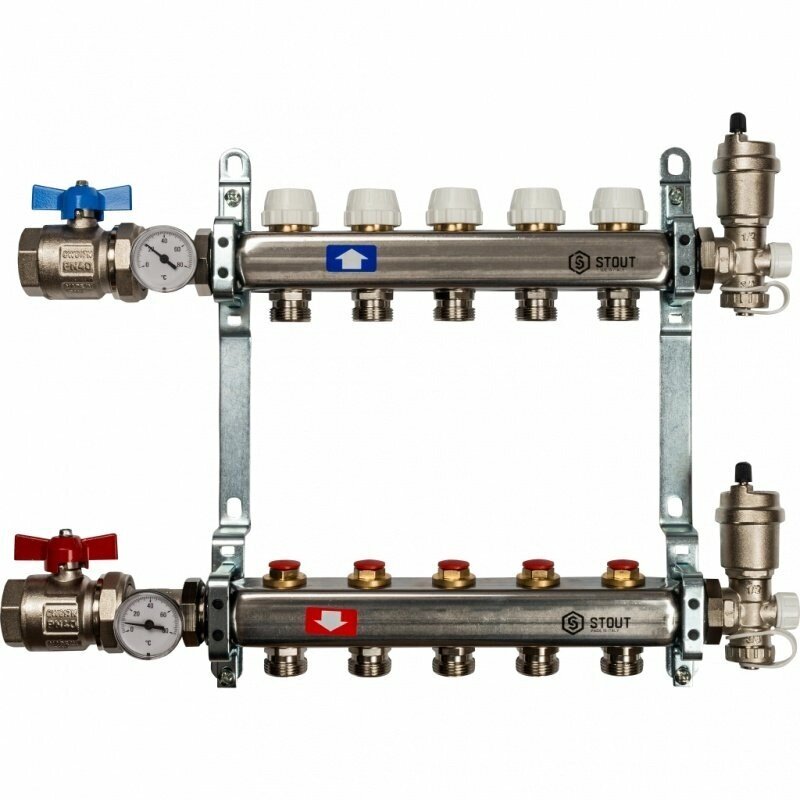 Распределительный коллектор из нерж. стали STOUT в сборе 1quot;х3/4quot; ЕК 5 выходов без расходомеров от компании MetSnab - фото 1