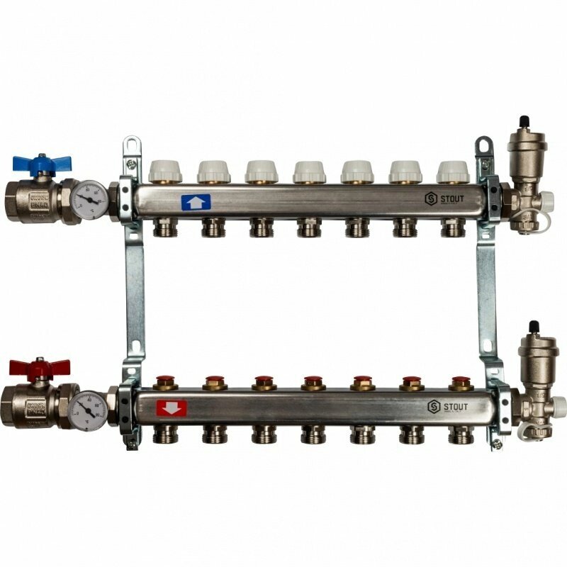 Распределительный коллектор из нерж. стали STOUT в сборе 1quot;х3/4quot; ЕК 7 выходов без расходомеров от компании MetSnab - фото 1