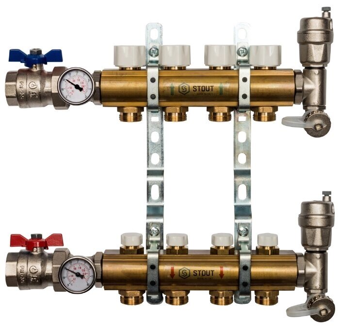 Распределительный коллектор STOUT SMB 0468 000004 из латуни без расходомеров 4 вых. от компании MetSnab - фото 1