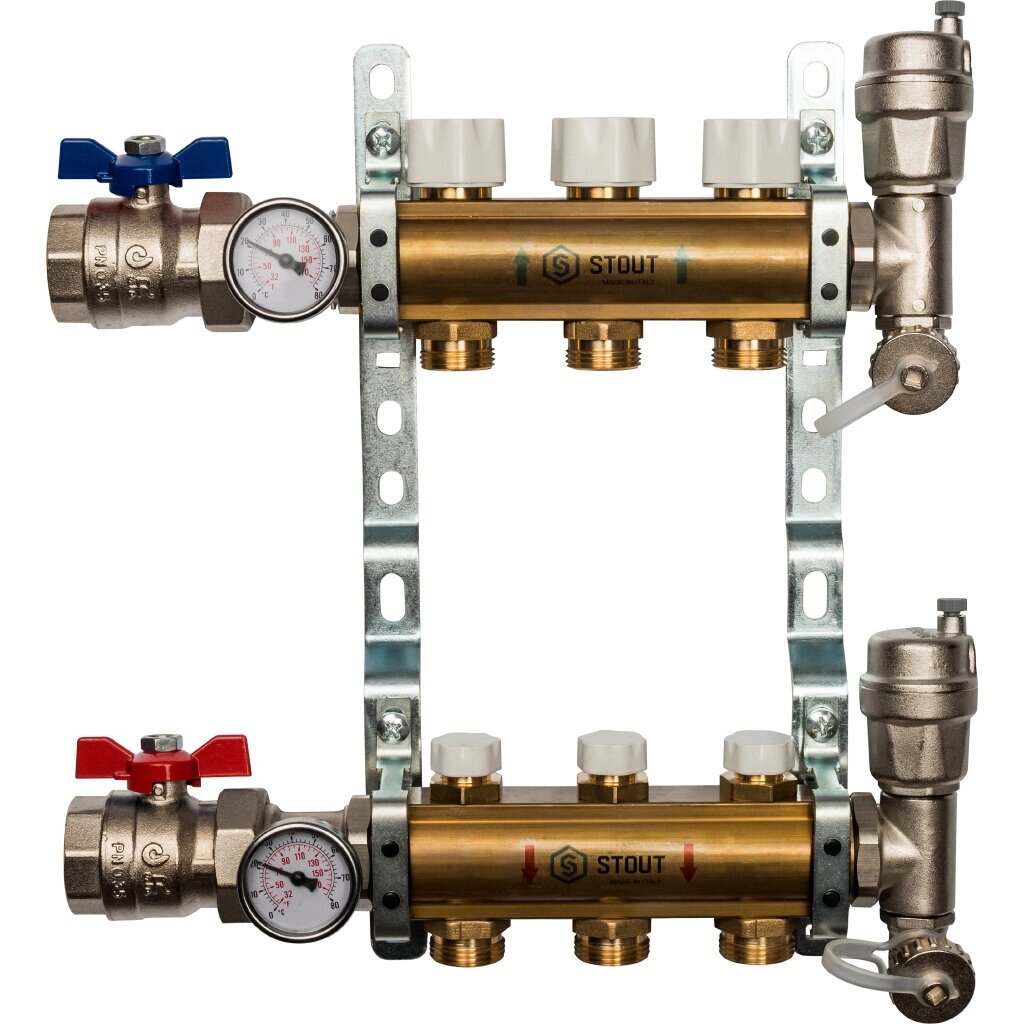 STOUT Распределительный коллектор из латуни без расходомеров 3 вых. SMB 0468 000003 от компании MetSnab - фото 1