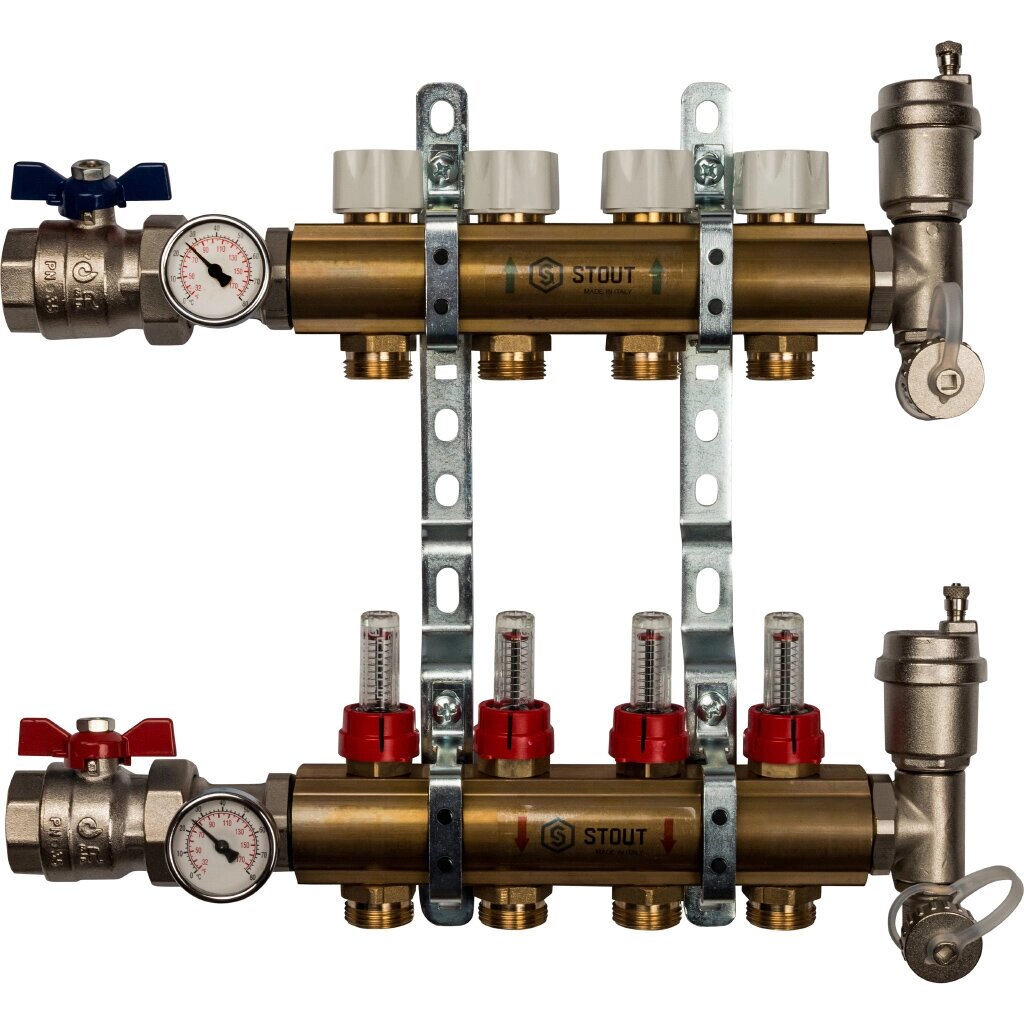STOUT Распределительный коллектор из латуни с расходомерами 4 вых. SMB 0473 000004 от компании MetSnab - фото 1