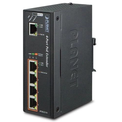 Удлинитель Planet IPOE-E174 промышленный, IP30 1-Port GE 60W Ultra POE to 4-Port 802.3af/at (-40 to 75 C) от компании MetSnab - фото 1