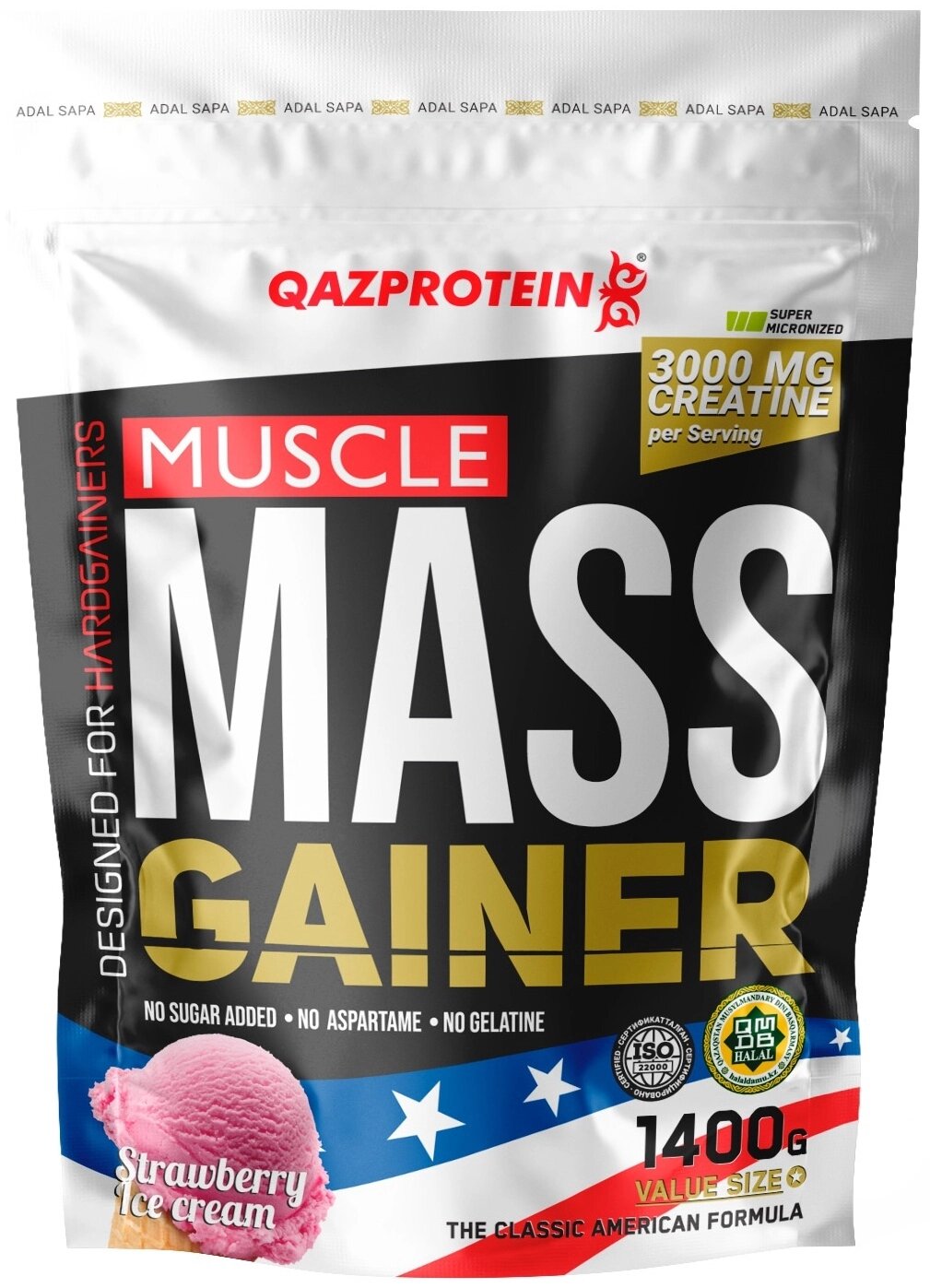 Гейнер Qazprotein Qazprotein Muscle Mass Gainer 1400 г Клубничное мороженое 1400 г от компании MetSnab - фото 1