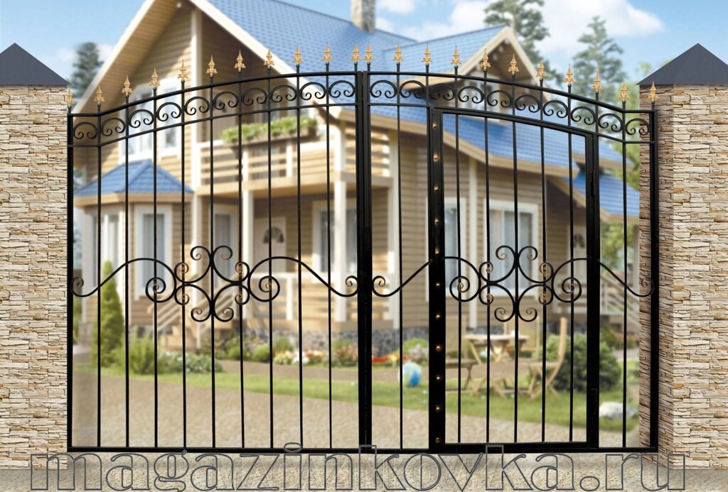 Ворота кованые «Каприз 2 Х» со встроенной калиткой металлические арочные - MAGAZINKOVKA