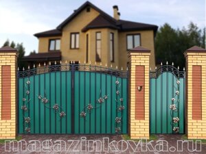 Ворота кованые «Лоза 2 Х» металлические арочные с профлистом