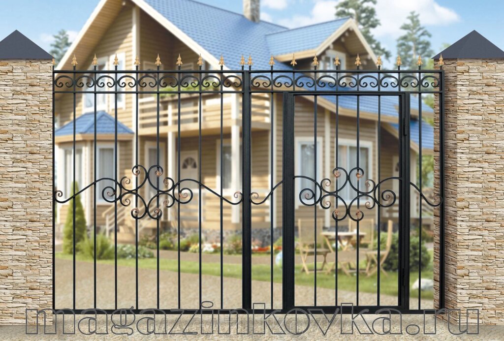 Ворота кованые «Каприз Х» со встроенной калиткой металлические прямые от компании MAGAZINKOVKA - фото 1