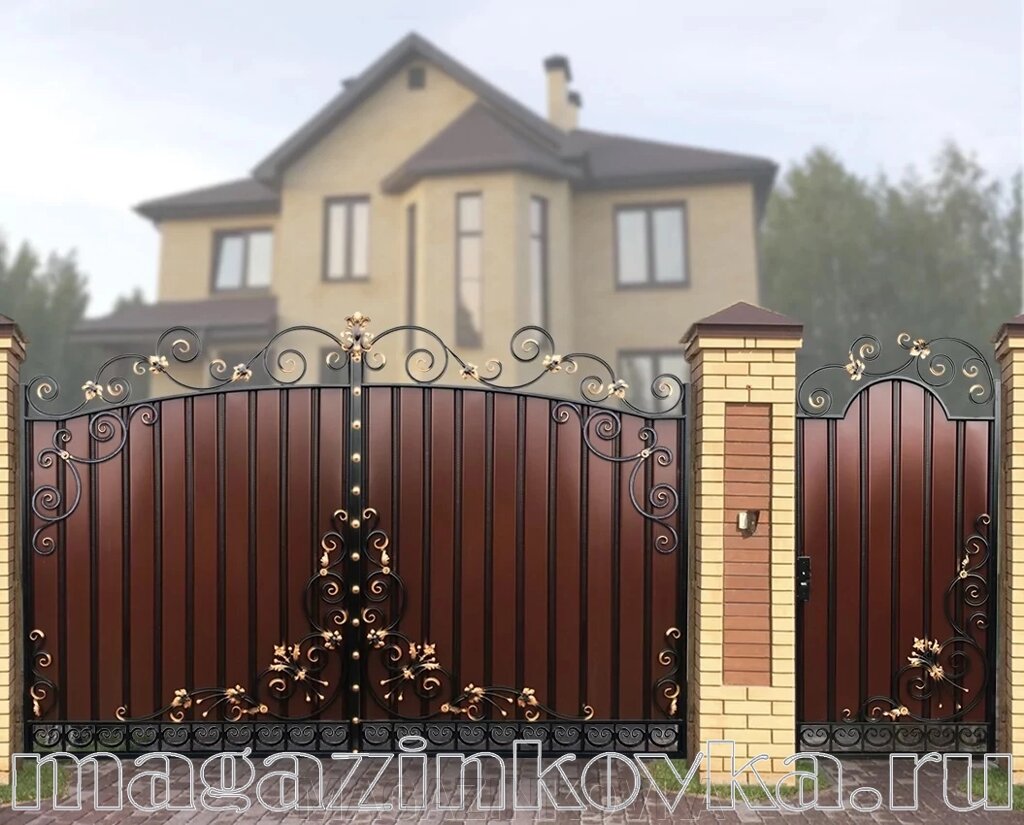 Ворота кованые «Мексика Х» металлические арочные с профлистом от компании MAGAZINKOVKA - фото 1