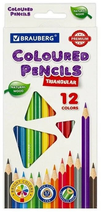 Карандаши цветные BRAUBERG PREMIUM, 12 цветов, трехгранные, грифель 3,3 мм, 181651 от компании Интернет-магазин игрушек "Весёлый кот" - фото 1