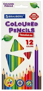 Карандаши цветные BRAUBERG PREMIUM, 12 цветов, трехгранные, грифель 3,3 мм, 181651
