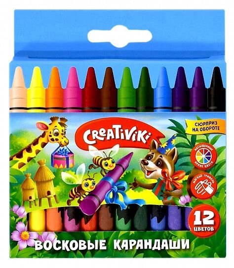 Набор восковых карандашей Creativiki 12 цветов, круглые от компании Интернет-магазин игрушек "Весёлый кот" - фото 1