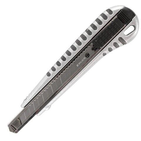 Нож универсальный 9 мм BRAUBERG "Metallic", металлический корпус (рифленый), автофиксатор, блистер, 236971 от компании Интернет-магазин игрушек "Весёлый кот" - фото 1